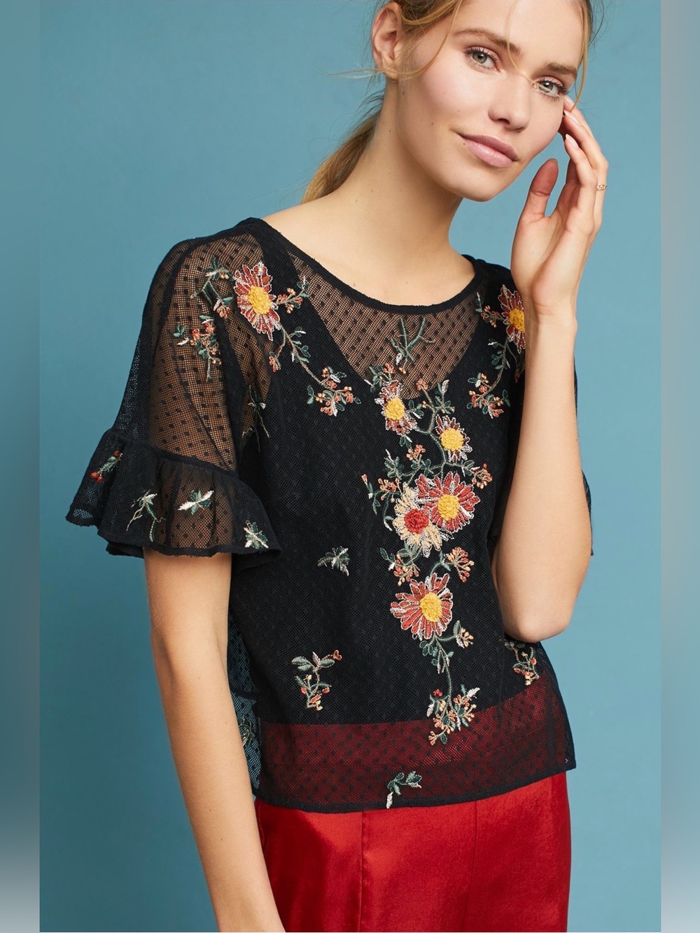 Anthropologie Maeve Cadiz Embroidered Mesh Top Black S Orange Pattern